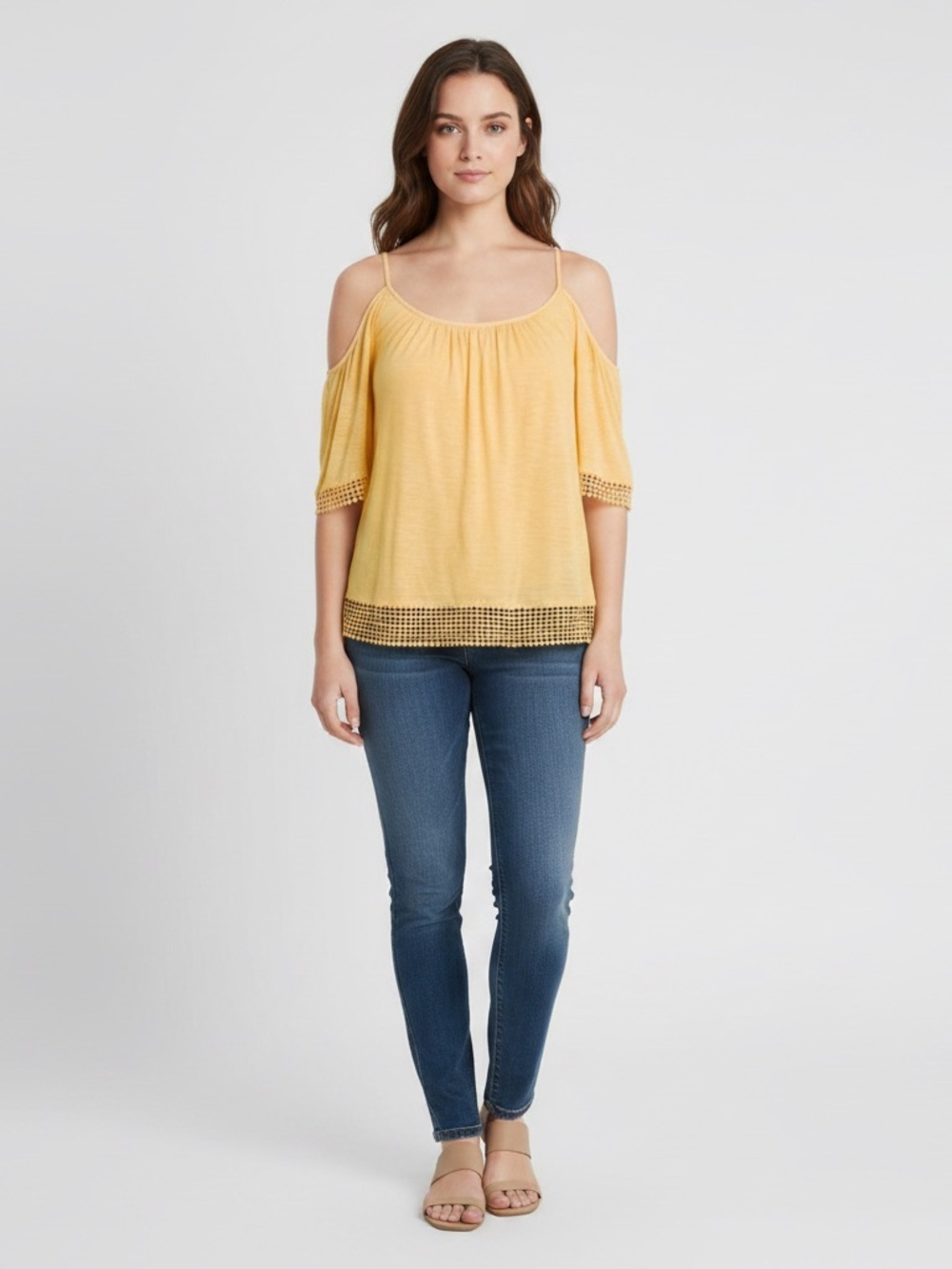 White House Black Market Yellow Cold Shoulder Pom Pom Trim Top M